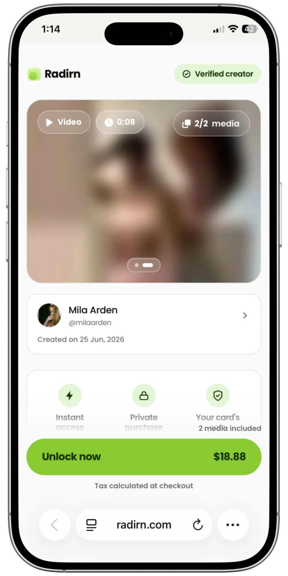 A single Radirn paid link page with a blurred preview and a Pay now button